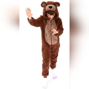 Kids Brown Bear Fleece Animal Costume Cosplay One Piece Girl Boys Pajamas Size 8